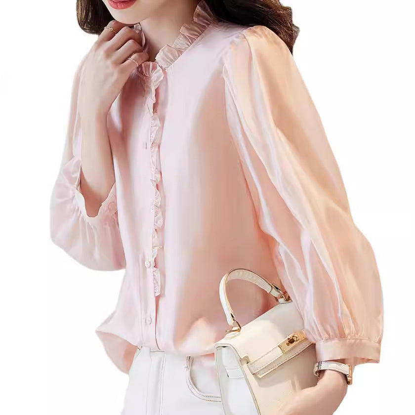 Nine-quarter Sleeve Shirt Women's Puff Sleeve Thin Solid Color Top - Sluxe Global