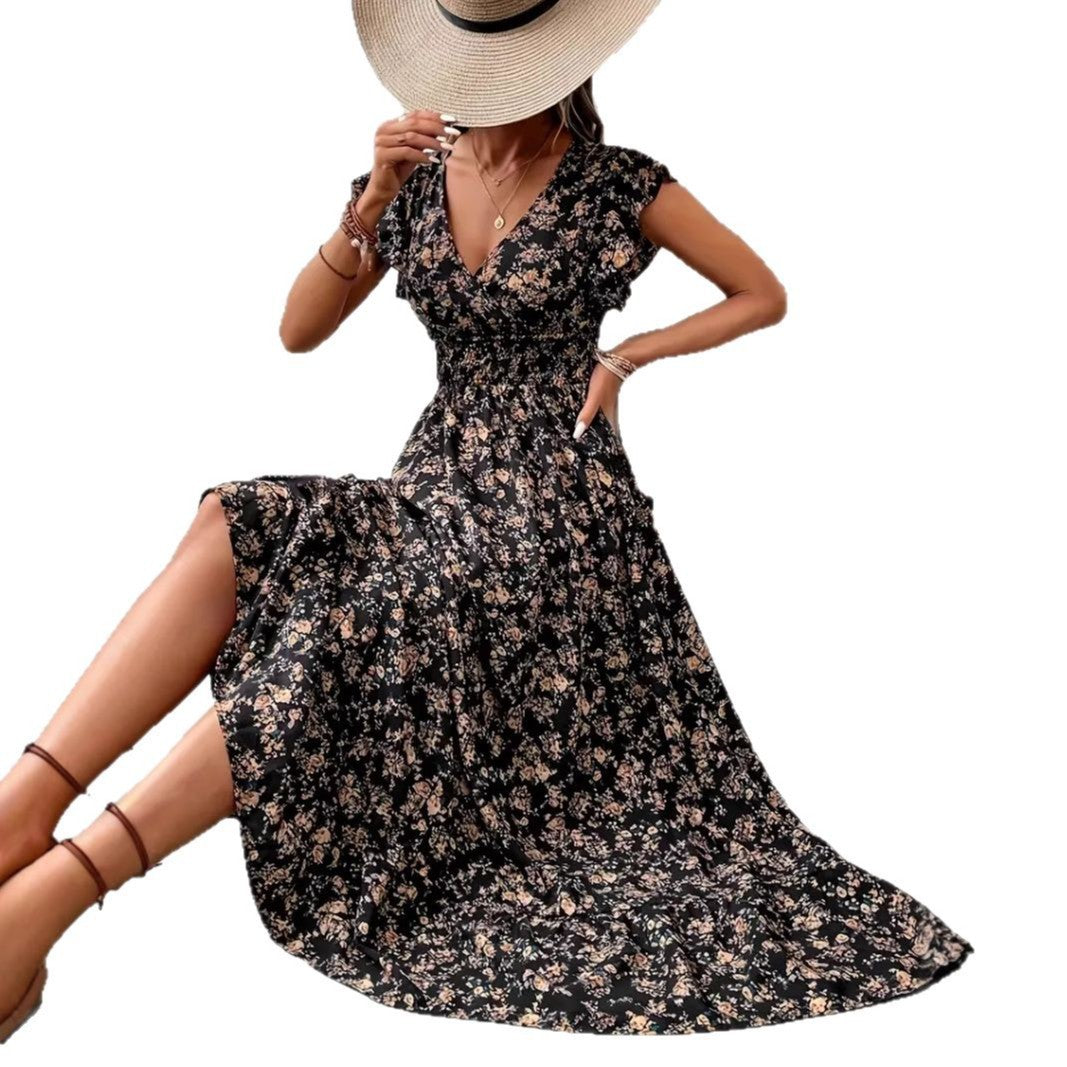 Fashion Floral Long Sleeve Waist Swing Dress - Sluxe Global
