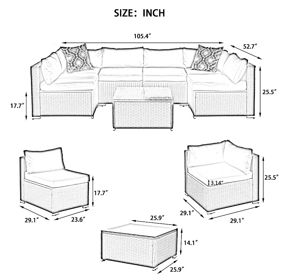 Patio Furniture, Outdoor Furniture, Seasonal PE Wicker Furniture, 7 Set Wicker Furniture With Tempered Glass Coffee Table - Sluxe Fashions