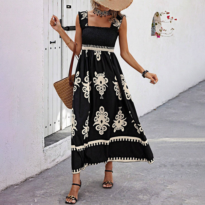 Women's Wide Strap Printed Maxi Dress With Bust Pleats, A-Line Vacation Dress - Sluxe Global