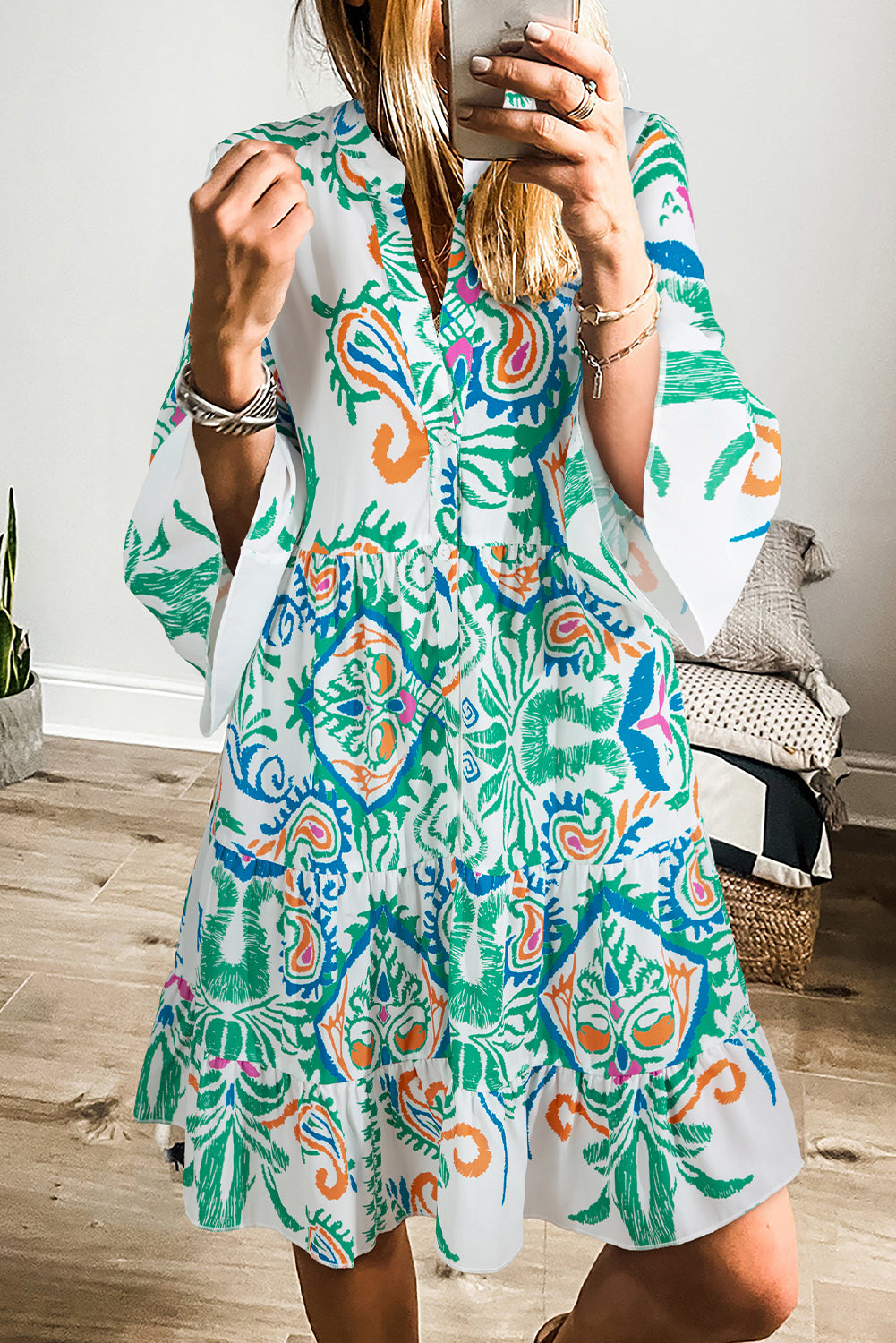 White Ethnic Print Boho Button Tiered Mini Dress - Sluxe Fashions