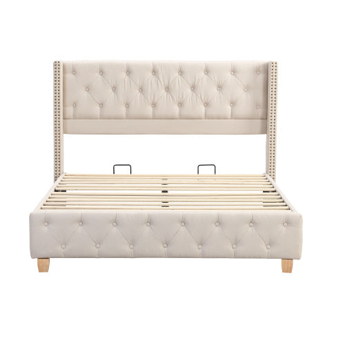 Upholstered Bed,Double Bed-4ft6 135x190cm ,With Slatted Frame And Headboard, Button Upholstery, Rivet Upholstery, Wooden Legs, Linen, Beige