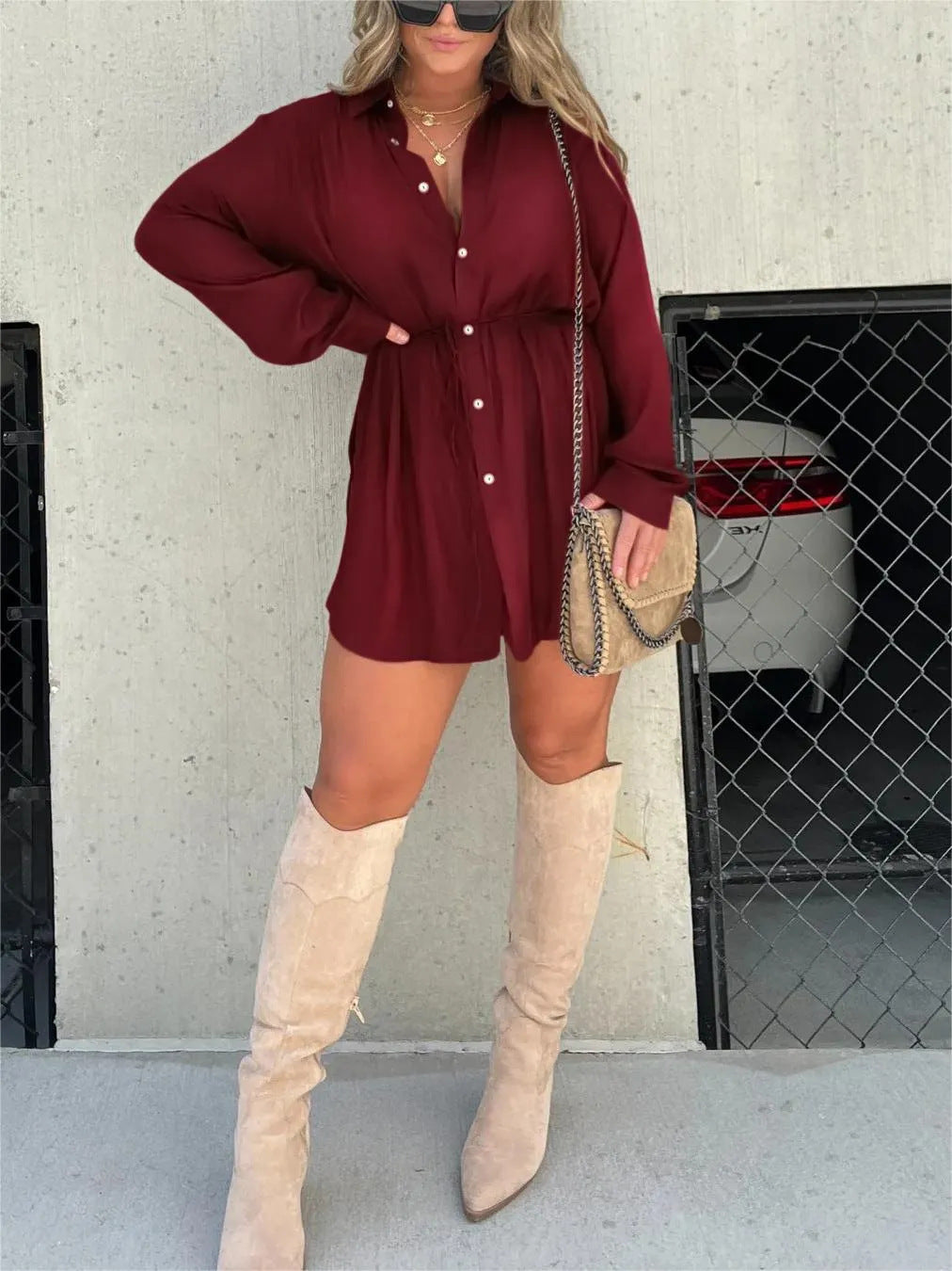 Women's Long Sleeve Jumpsuit With Button Fashion Shirt Dress - Sluxe Fashions
