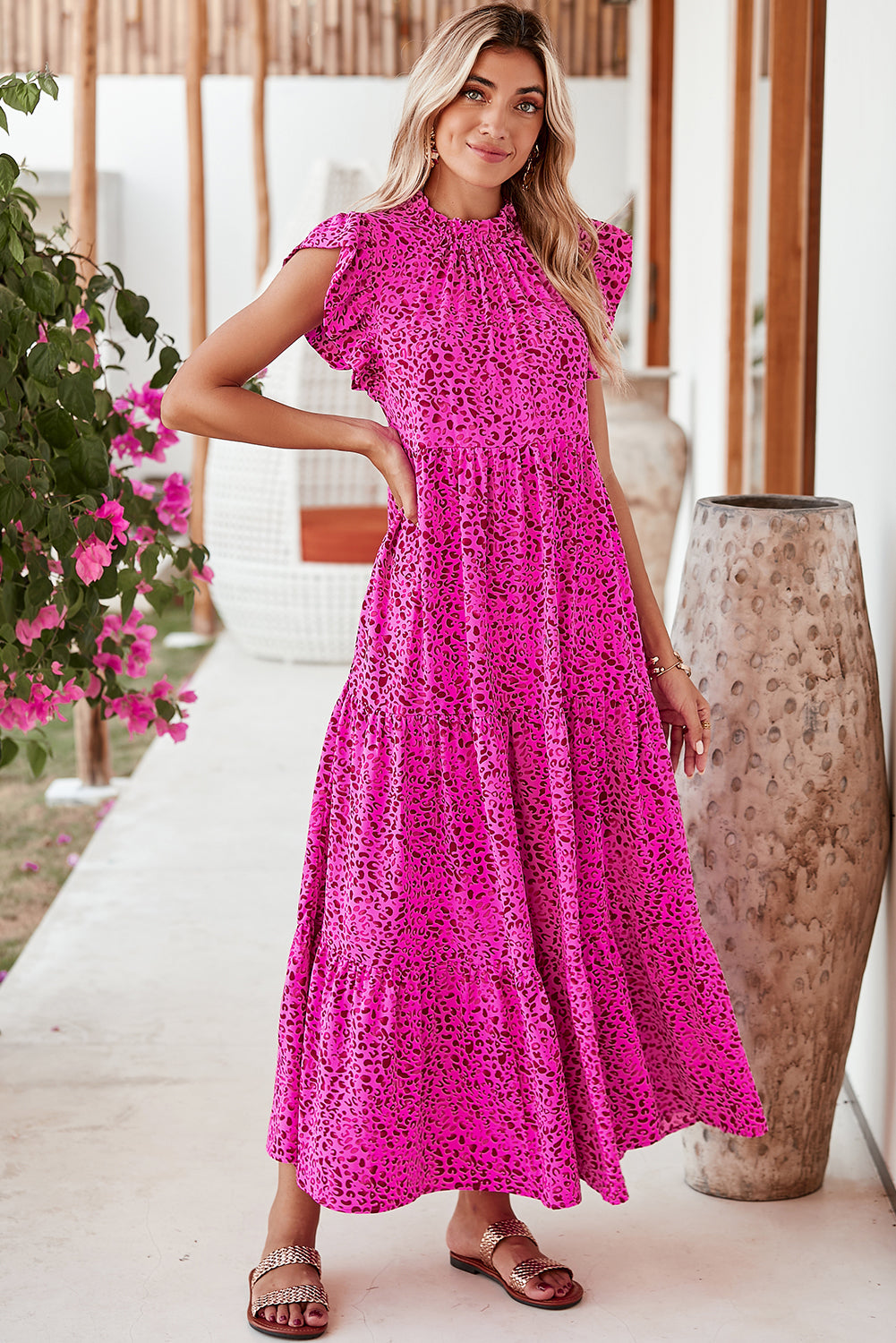 Rose Red Leopard Print Ruffle Sleeveless Maxi Dress - Sluxe Fashions