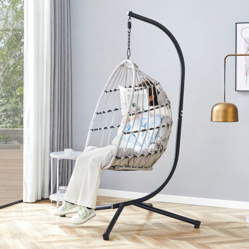 GRHeavy-Duty Iron Hanging Chair With Wicker Weave Single Person Swing For Indoor Outdoor Gray - Sluxe Global