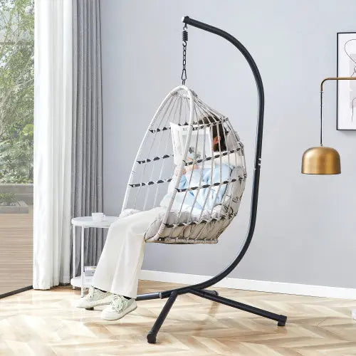 GRHeavy-Duty Iron Hanging Chair With Wicker Weave Single Person Swing For Indoor Outdoor Gray - Sluxe Global