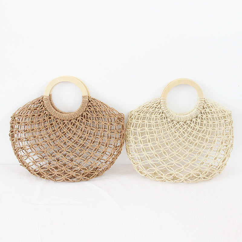 Woven Round Wooden Handle Casual Women's Handbag - Sluxe Fashions