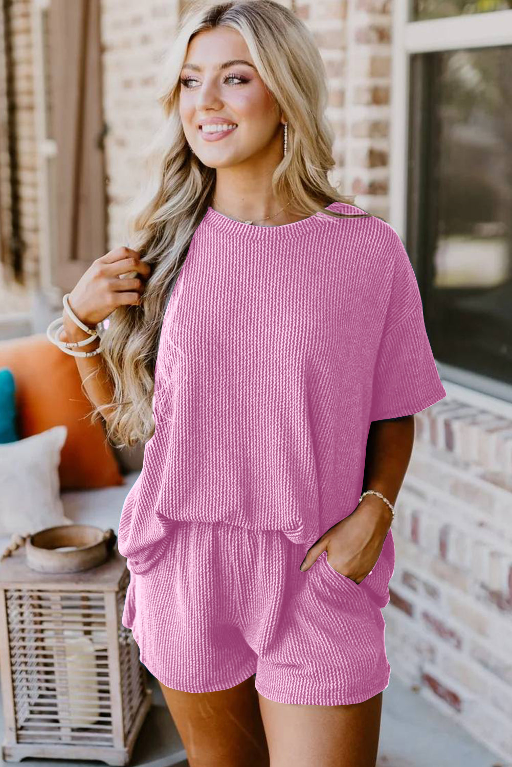 Orange Ribbed Textured Loose Fit Tee & Shorts Set - Sluxe Fashions
