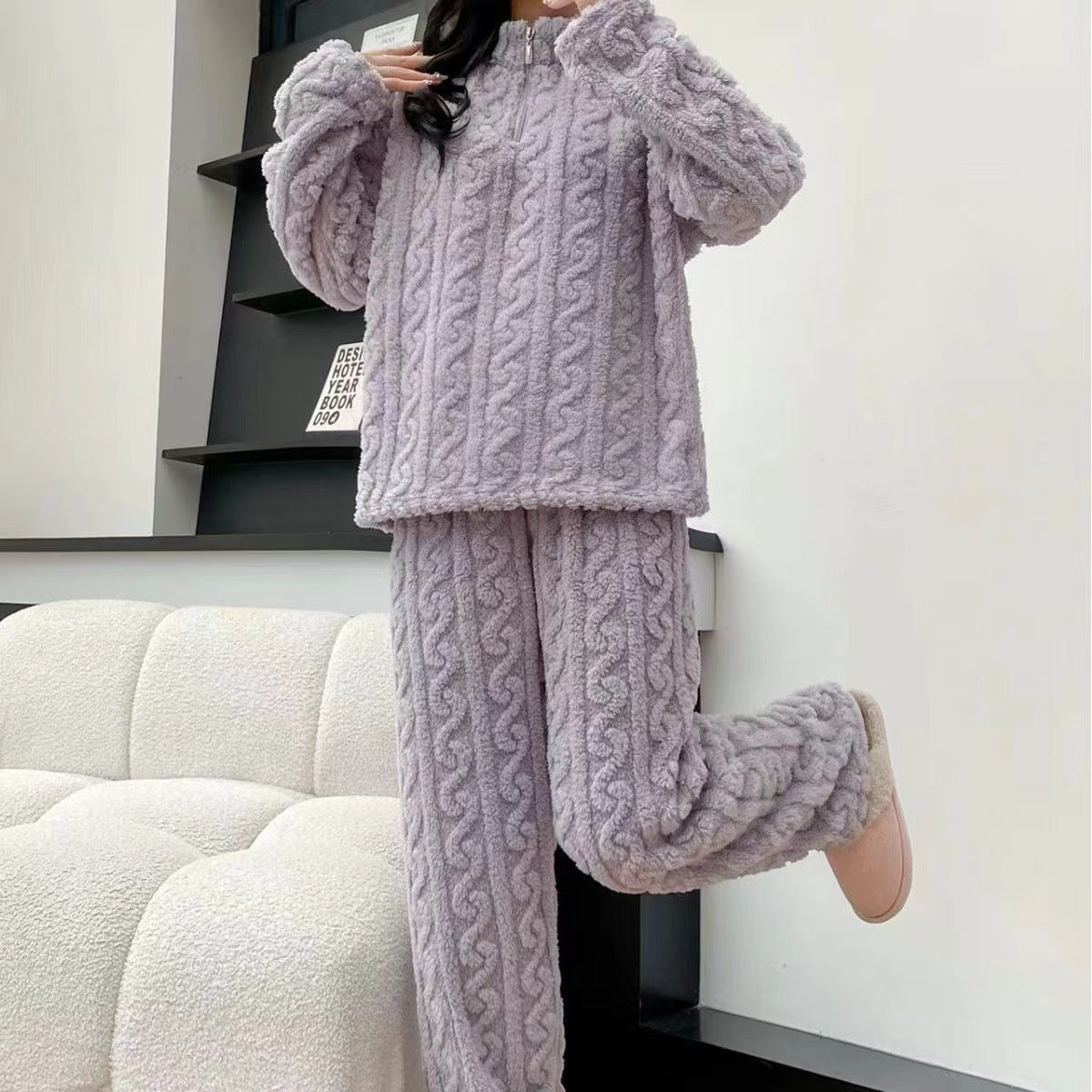 Autumn And Winter New Twist Zipper Couple Fleece-lined Thick Coral Fleece Pajamas Homewear Loungewear Sleepwear For Sleeping - Sluxe Fashions