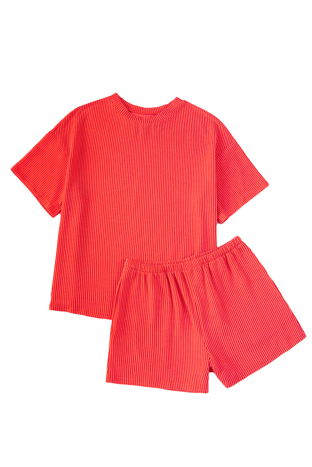 Orange Ribbed Textured Loose Fit Tee & Shorts Set - Sluxe Fashions