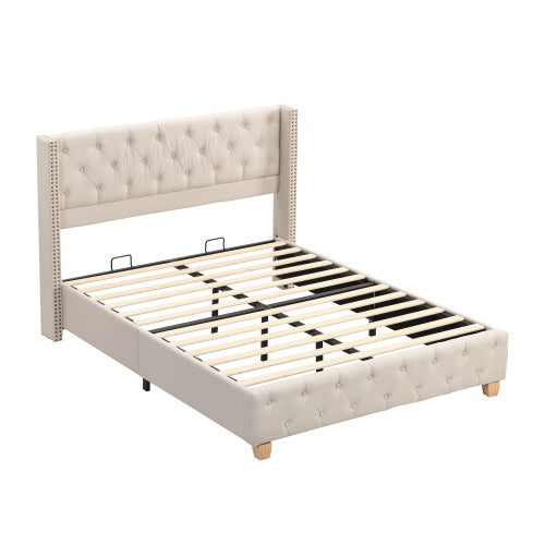 Upholstered Bed,Double Bed-4ft6 135x190cm ,With Slatted Frame And Headboard, Button Upholstery, Rivet Upholstery, Wooden Legs, Linen, Beige