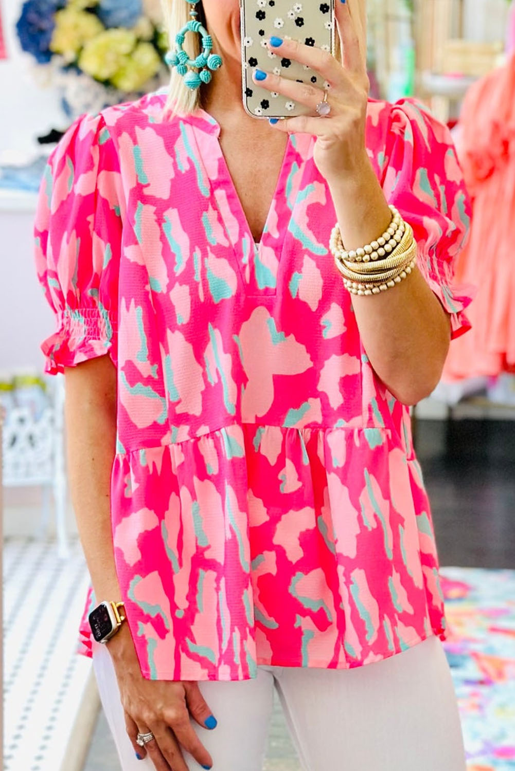 Rose Plus Size Abstract Print Puff Sleeve V Neck Blouse - Sluxe Fashions