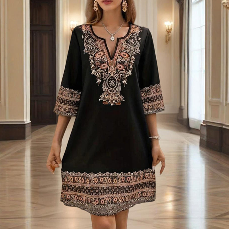 Women's V-Neck Middle Eastern Style Floral Print Midi Dress - Elegant Sleeve Design Lightweight Perfect For Spring&Summer Vacation & Daily Wear - Sluxe Global