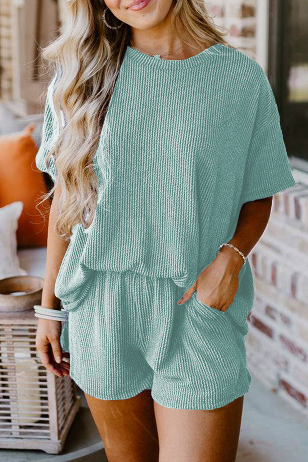 Orange Ribbed Textured Loose Fit Tee & Shorts Set - Sluxe Fashions