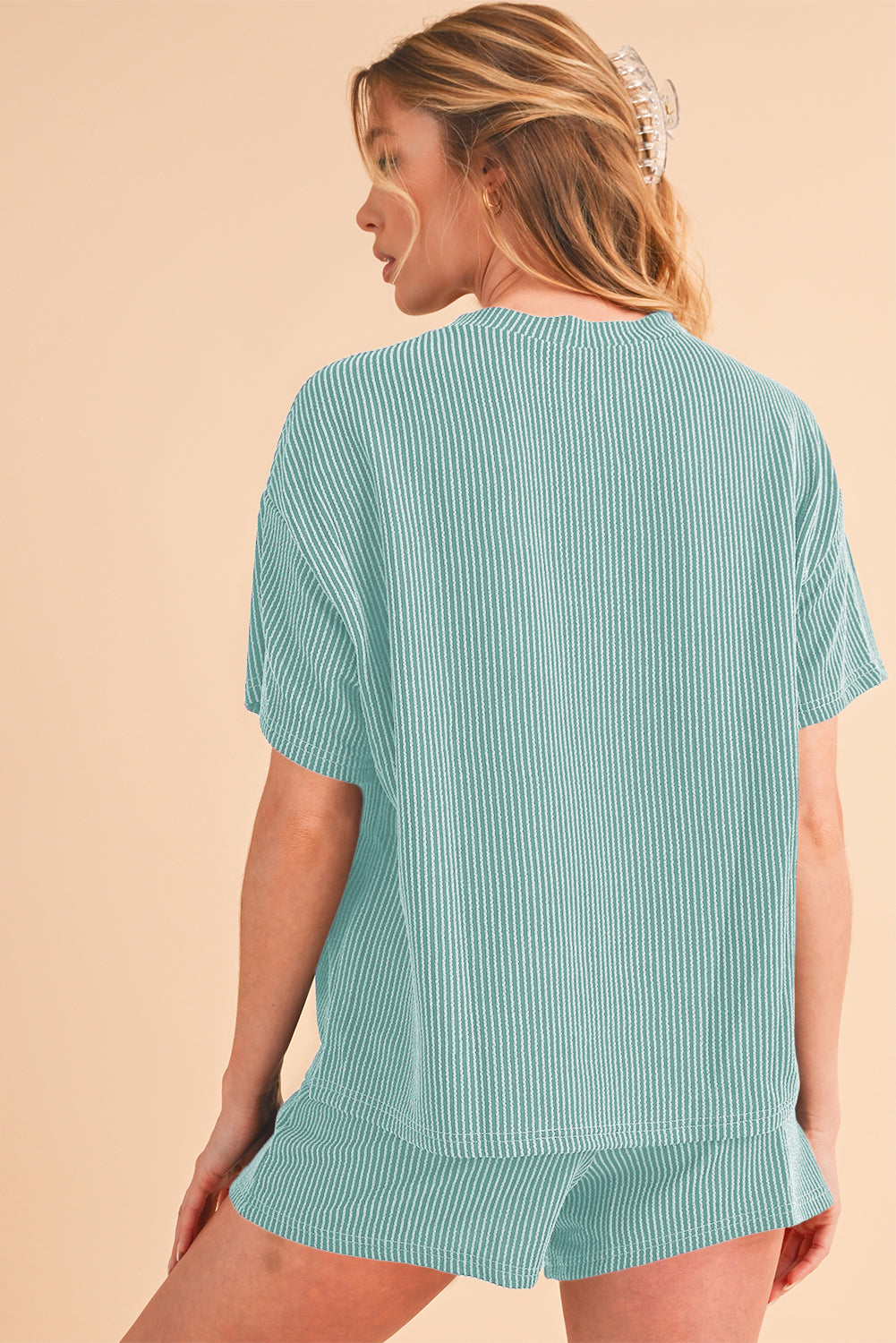 Orange Ribbed Textured Loose Fit Tee & Shorts Set - Sluxe Fashions