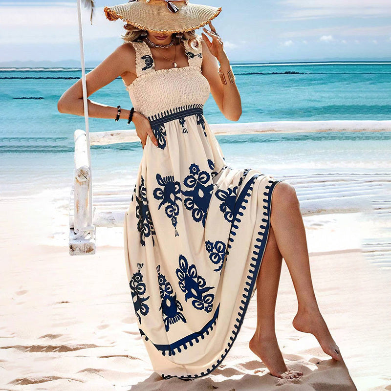 Women's Wide Strap Printed Maxi Dress With Bust Pleats, A-Line Vacation Dress - Sluxe Global