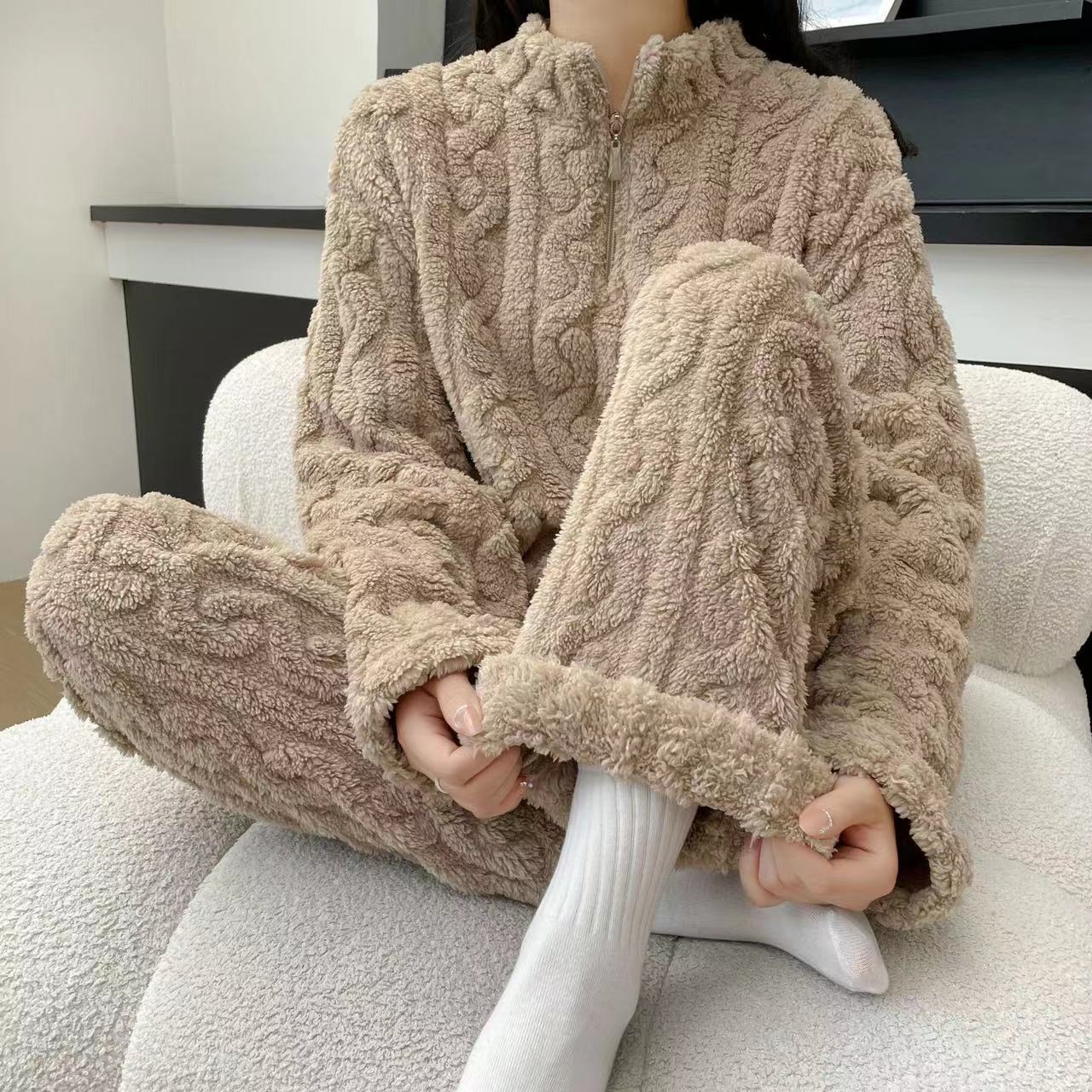 Autumn And Winter New Twist Zipper Couple Fleece-lined Thick Coral Fleece Pajamas Homewear Loungewear Sleepwear For Sleeping - Sluxe Fashions
