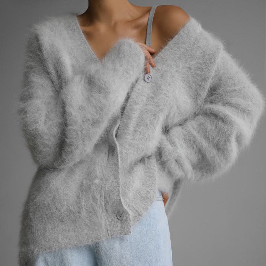 Loose V-neck Button Cardigan Fall Winter Fashion Single Breasted Knitted Sweater Top Women's Clothing - Sluxe Fashions