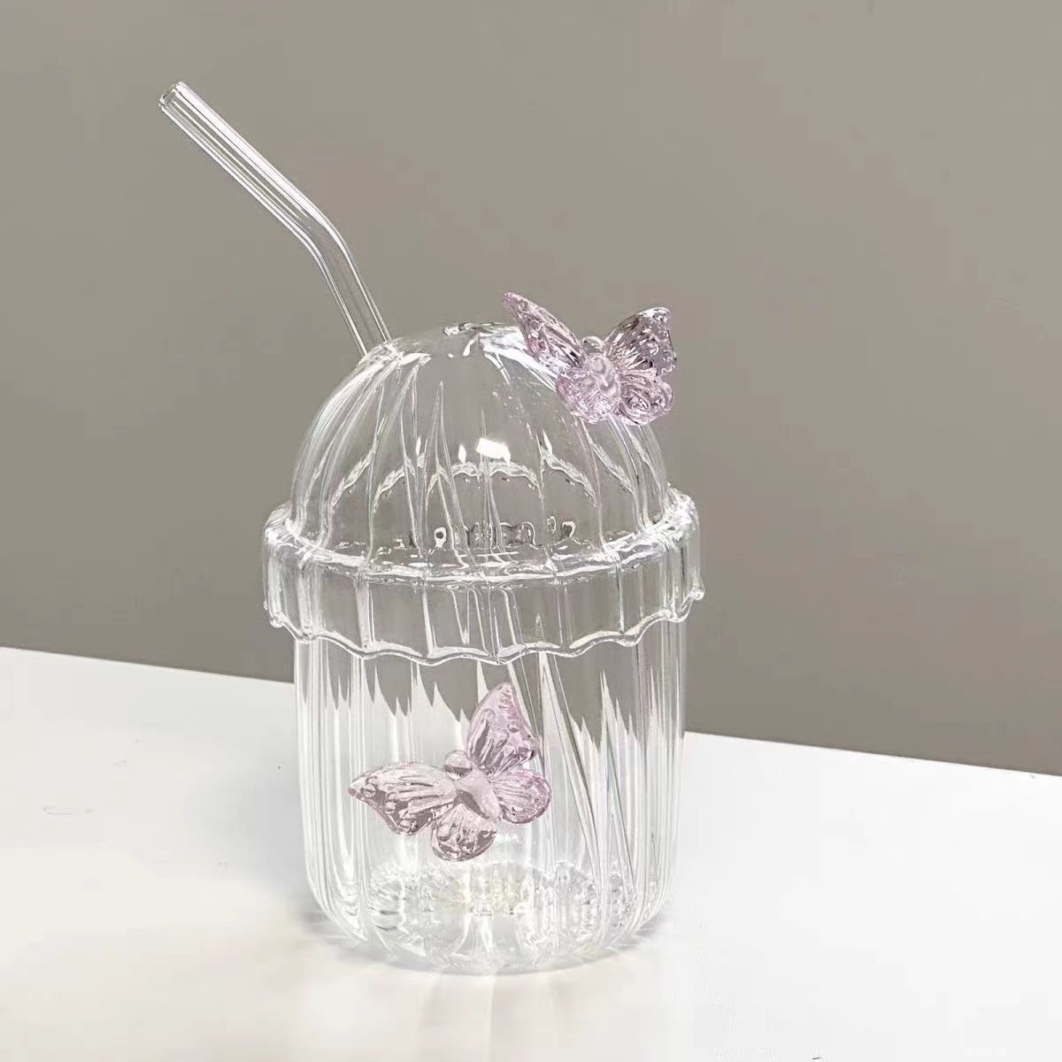 Vertical Straw Butterfly Cup With Straw Borosilicate Glass - Sluxe Fashions