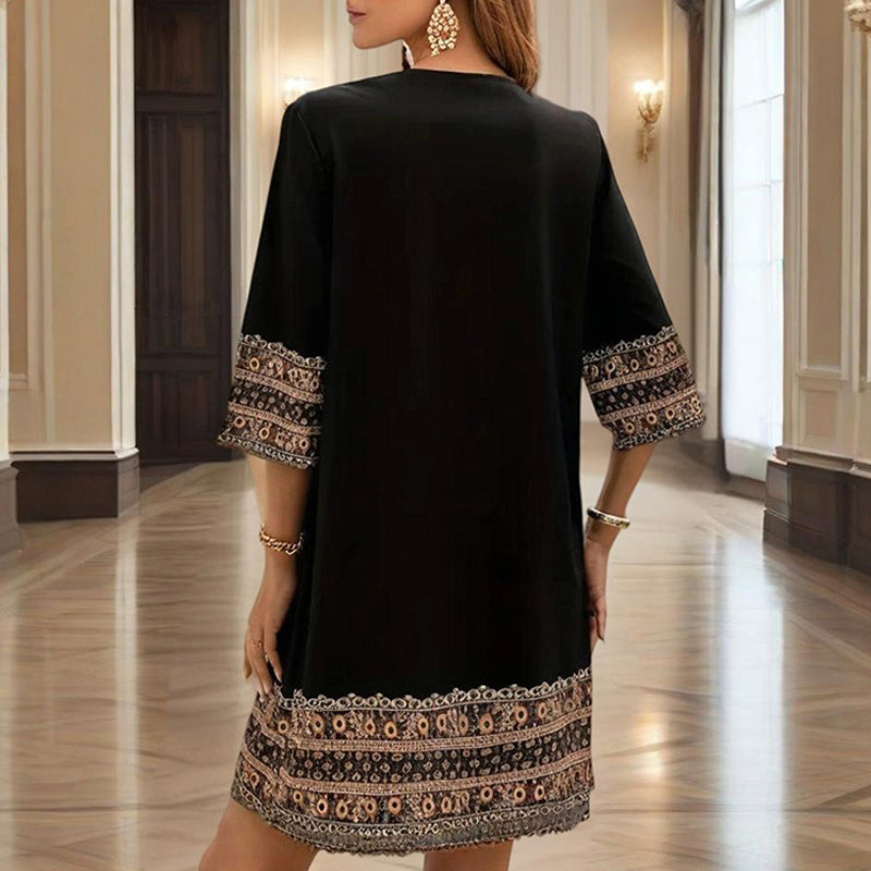 Women's V-Neck Middle Eastern Style Floral Print Midi Dress - Elegant Sleeve Design Lightweight Perfect For Spring&Summer Vacation & Daily Wear - Sluxe Global