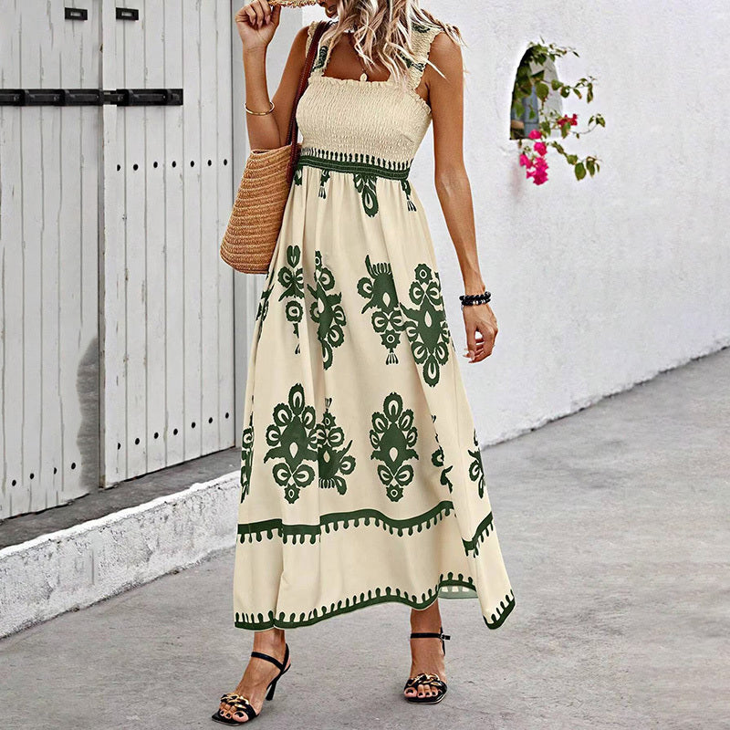 Women's Wide Strap Printed Maxi Dress With Bust Pleats, A-Line Vacation Dress - Sluxe Global