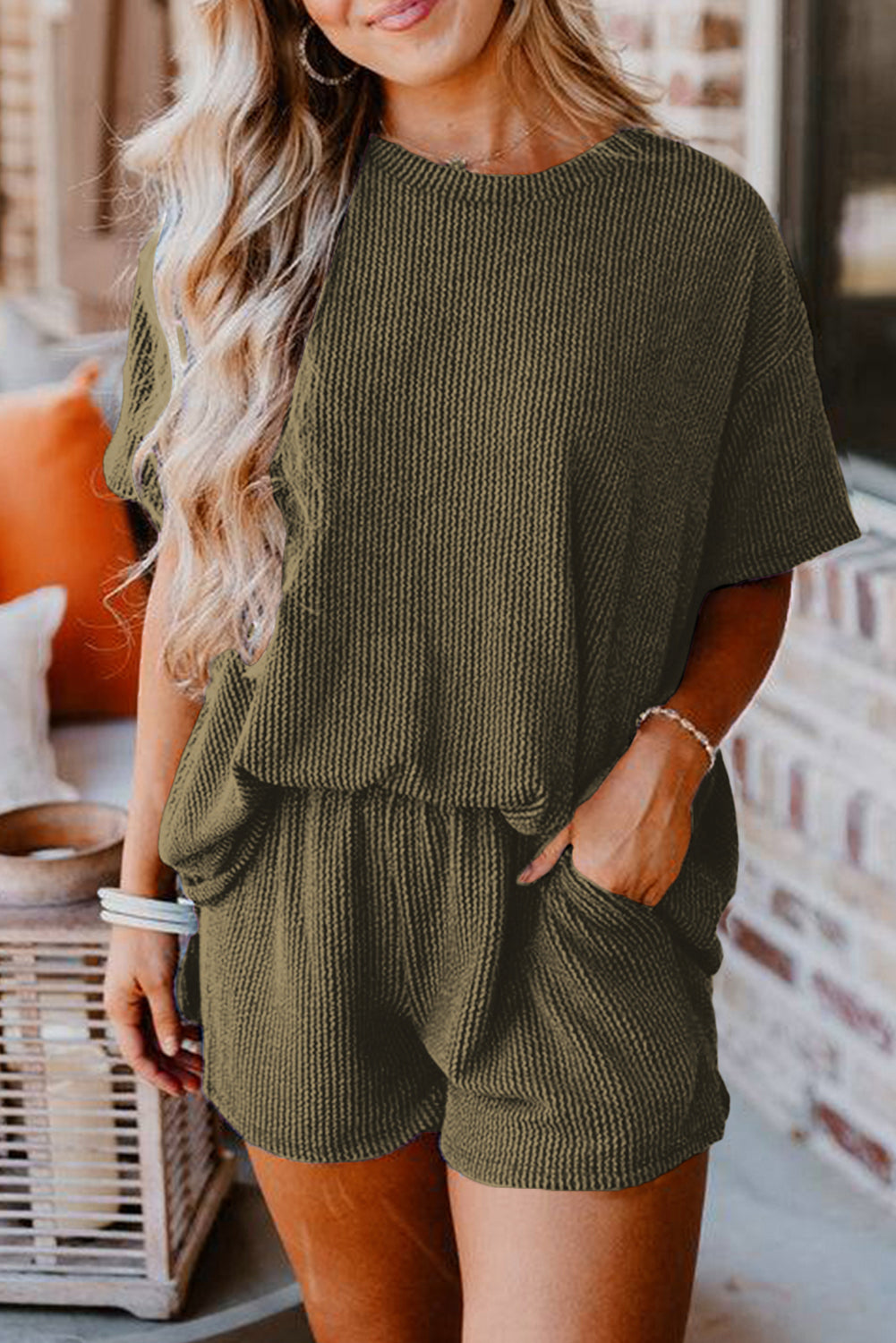 Orange Ribbed Textured Loose Fit Tee & Shorts Set - Sluxe Fashions