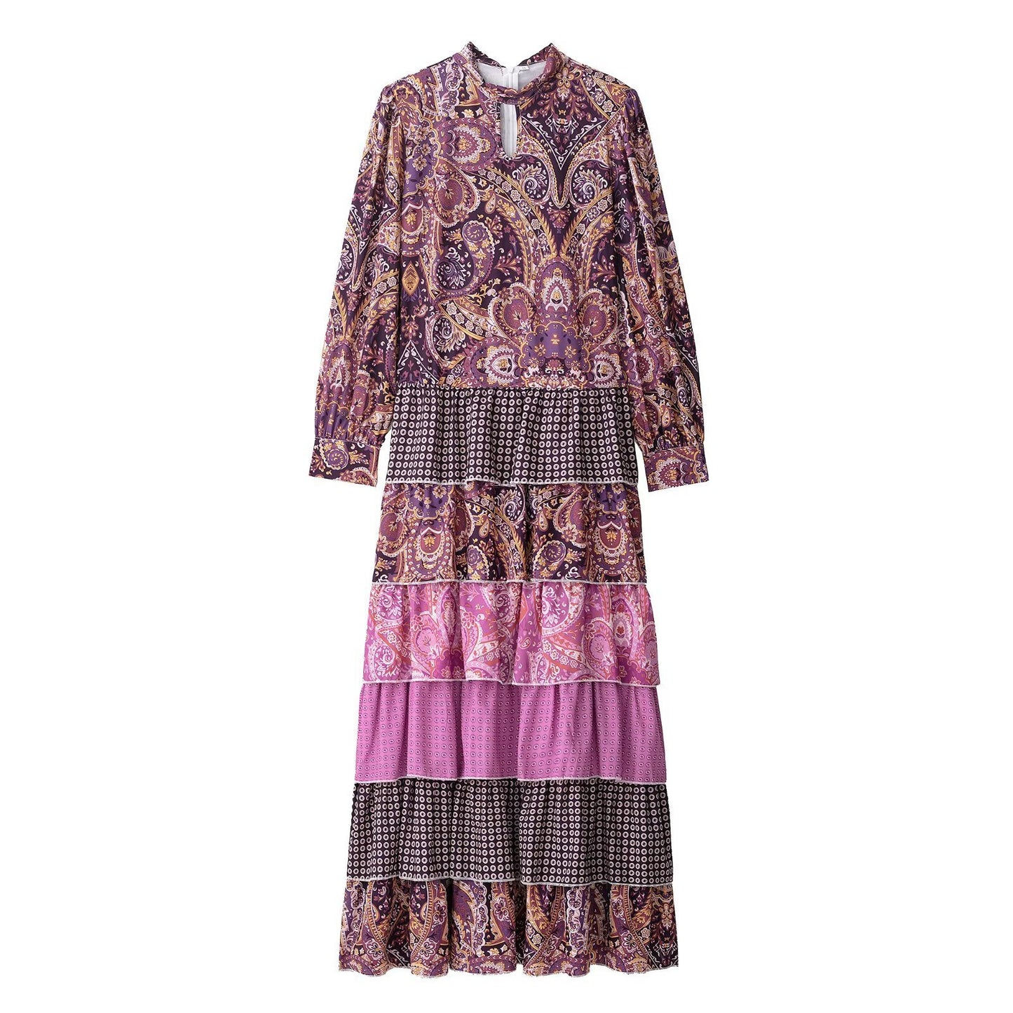 Women's Clothing Stitching Printing Pullover Stand Collar Long Dress - Sluxe Global