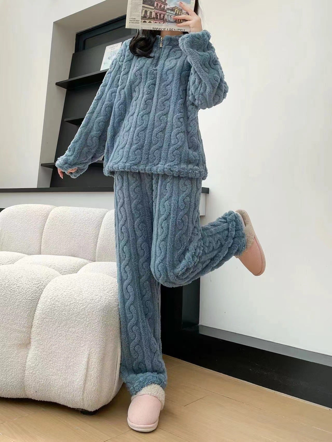 Autumn And Winter New Twist Zipper Couple Fleece-lined Thick Coral Fleece Pajamas Homewear Loungewear Sleepwear For Sleeping - Sluxe Fashions