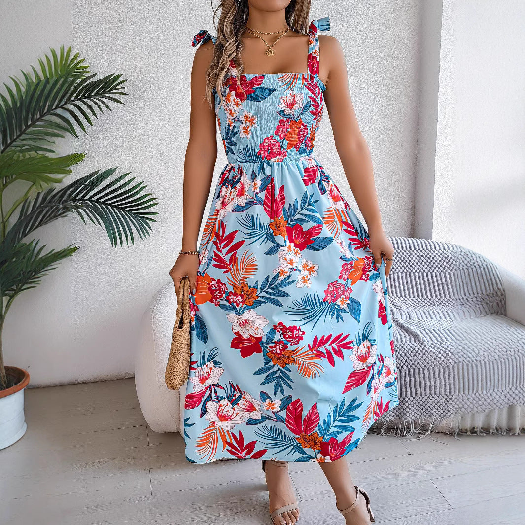 Flowers Print Suspender Corset Dress Ins Fashion Holiday Beach Long Dresses Summer Clothing For Women - Sluxe Fashions