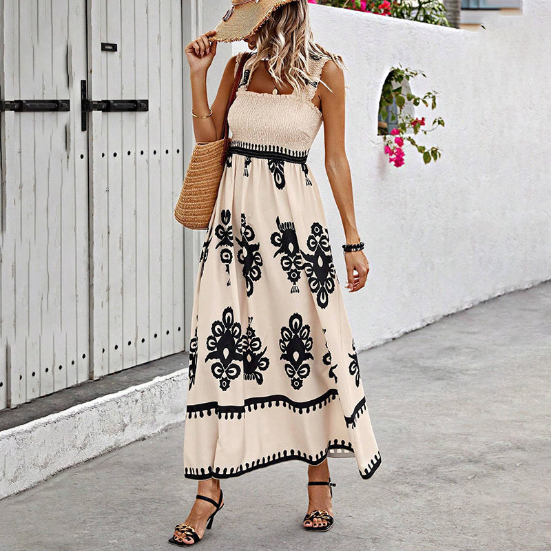 Women's Wide Strap Printed Maxi Dress With Bust Pleats, A-Line Vacation Dress - Sluxe Global