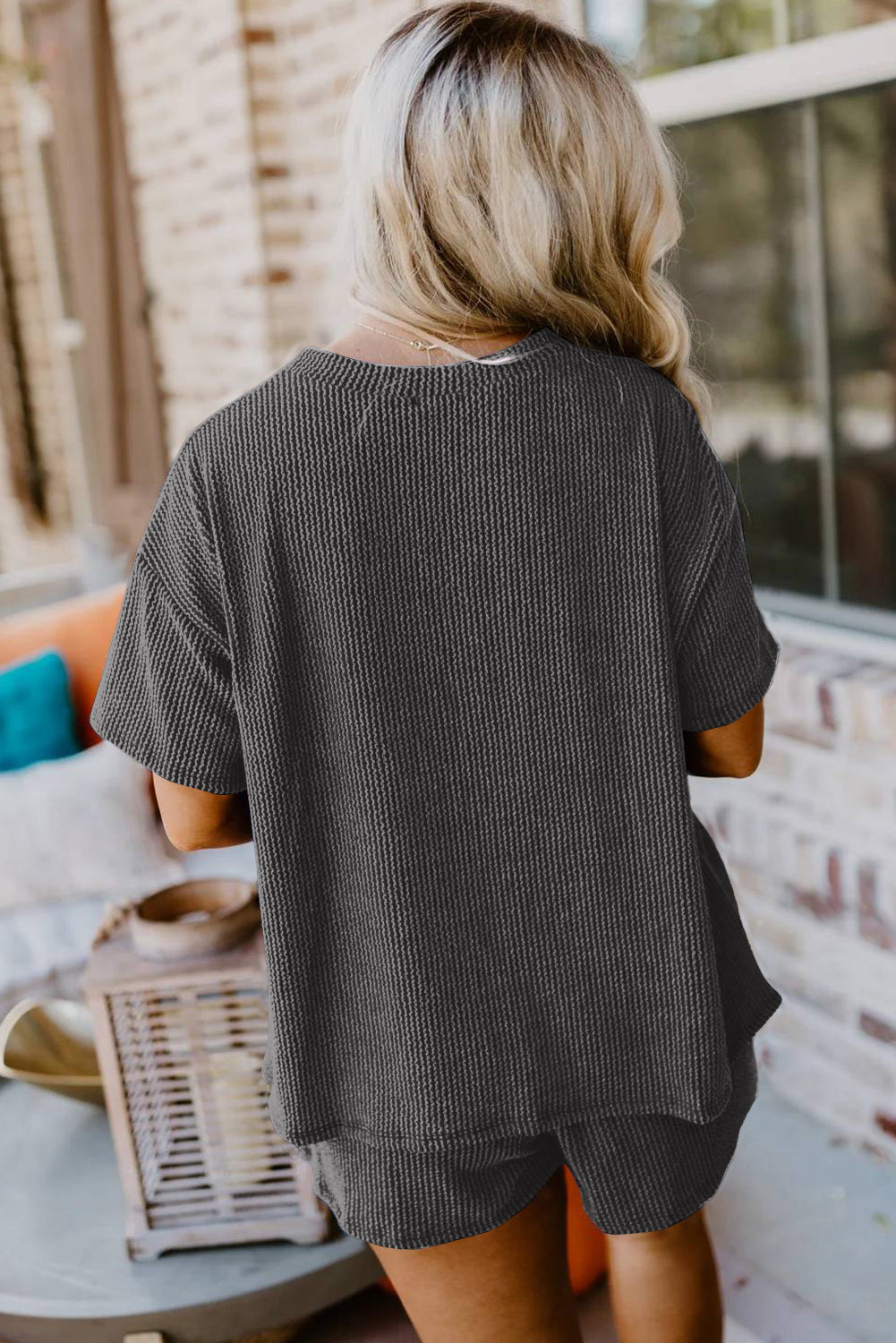 Orange Ribbed Textured Loose Fit Tee & Shorts Set - Sluxe Fashions