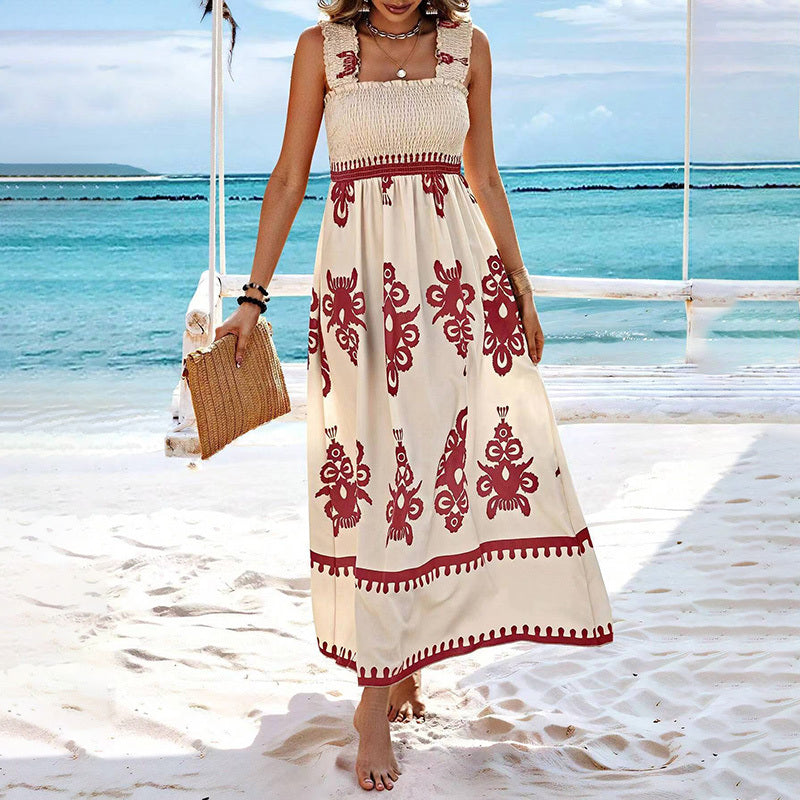 Women's Wide Strap Printed Maxi Dress With Bust Pleats, A-Line Vacation Dress - Sluxe Global