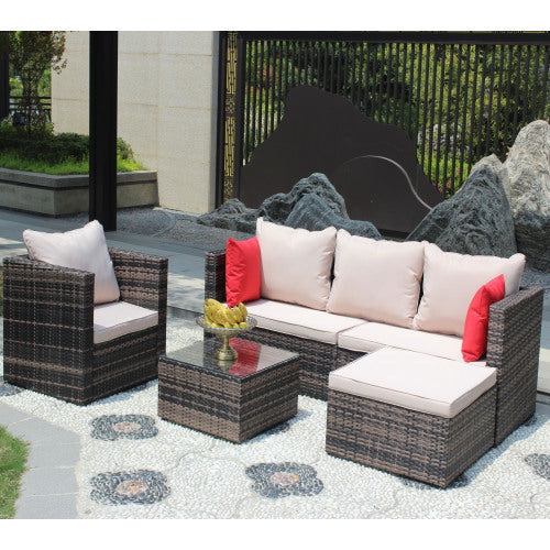 Rattan Patio Furniture Set Wicker Sofa Cushioned Sectional Furniture Set Garden Patio Sofa Set 4 Pieces, Brown - Sluxe Global