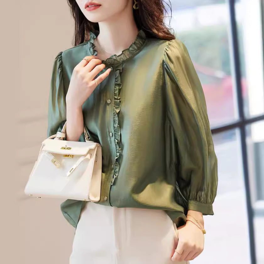 Nine-quarter Sleeve Shirt Women's Puff Sleeve Thin Solid Color Top - Sluxe Global