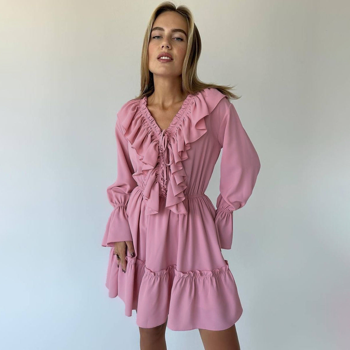 Fashion V Neck Pleated Ruffle Long Sleeve Dress Y2K V Neck Flared Sleeve Short Dress Women's Clothing - Sluxe Fashions