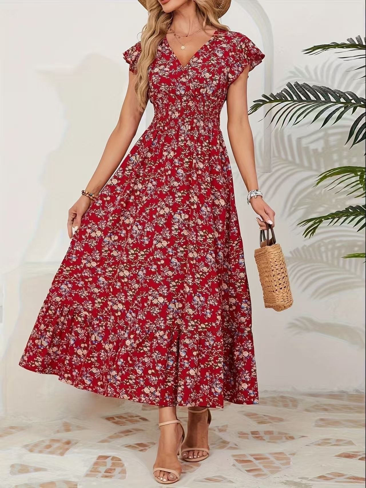 Fashion Floral Long Sleeve Waist Swing Dress - Sluxe Global