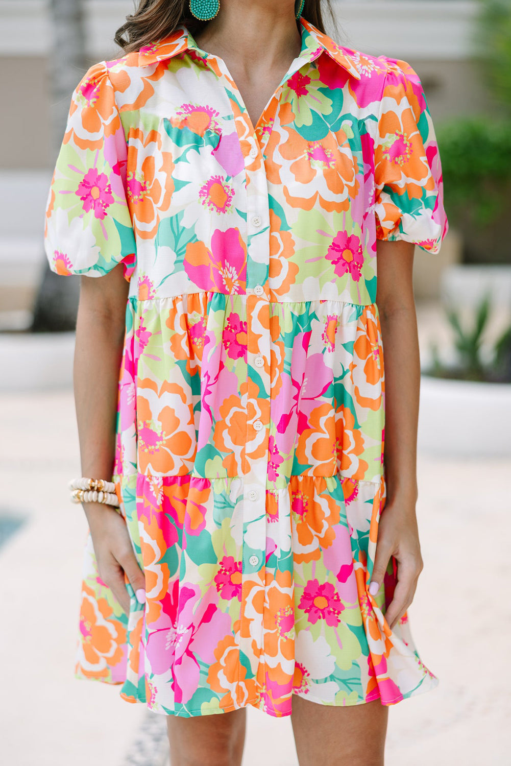 Green Floral Puff Sleeve Buttoned Babydoll Dress - Sluxe Fashions