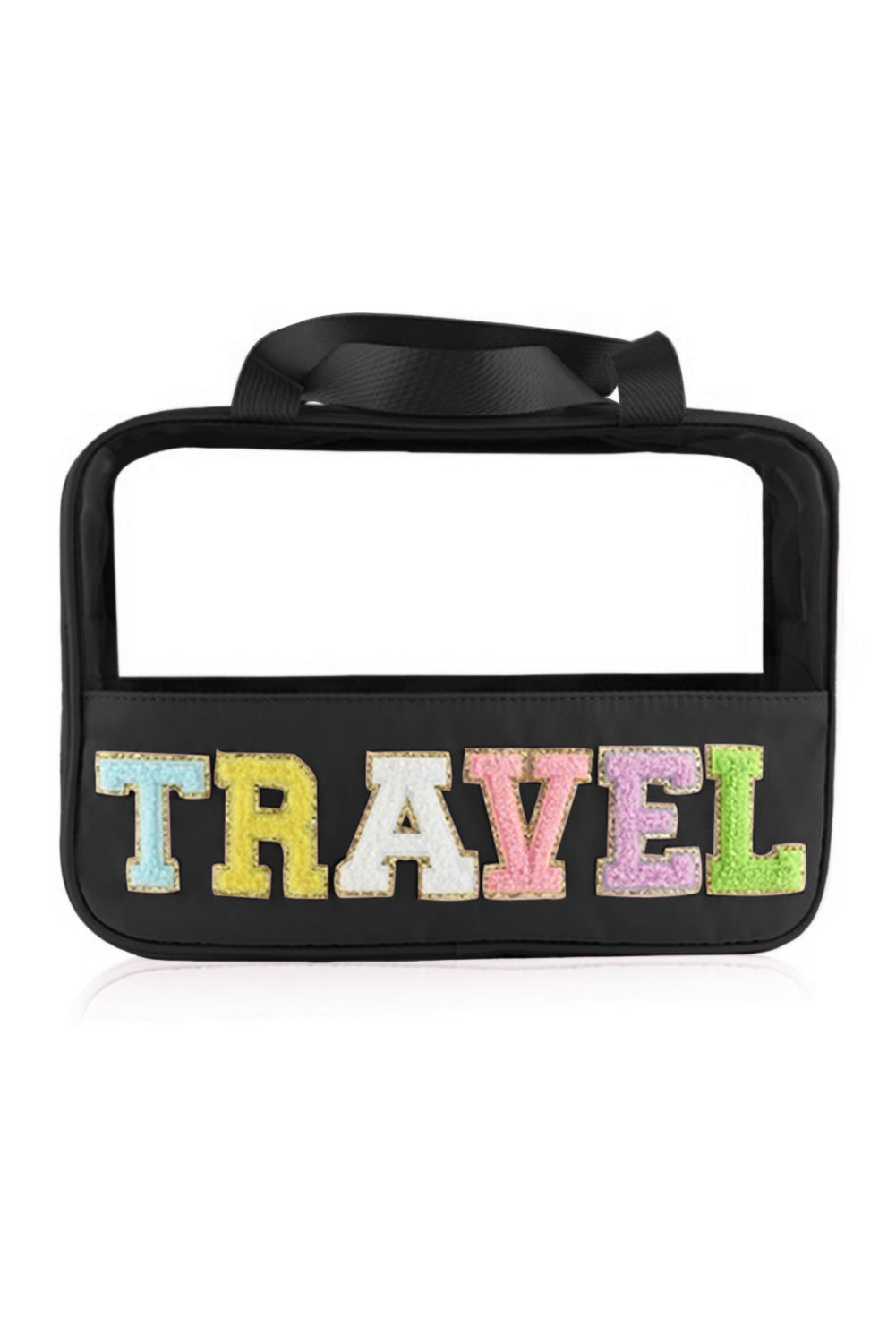 Black TRAVEL Chenille Letter Clear PVC Makeup Bag - Sluxe Fashions