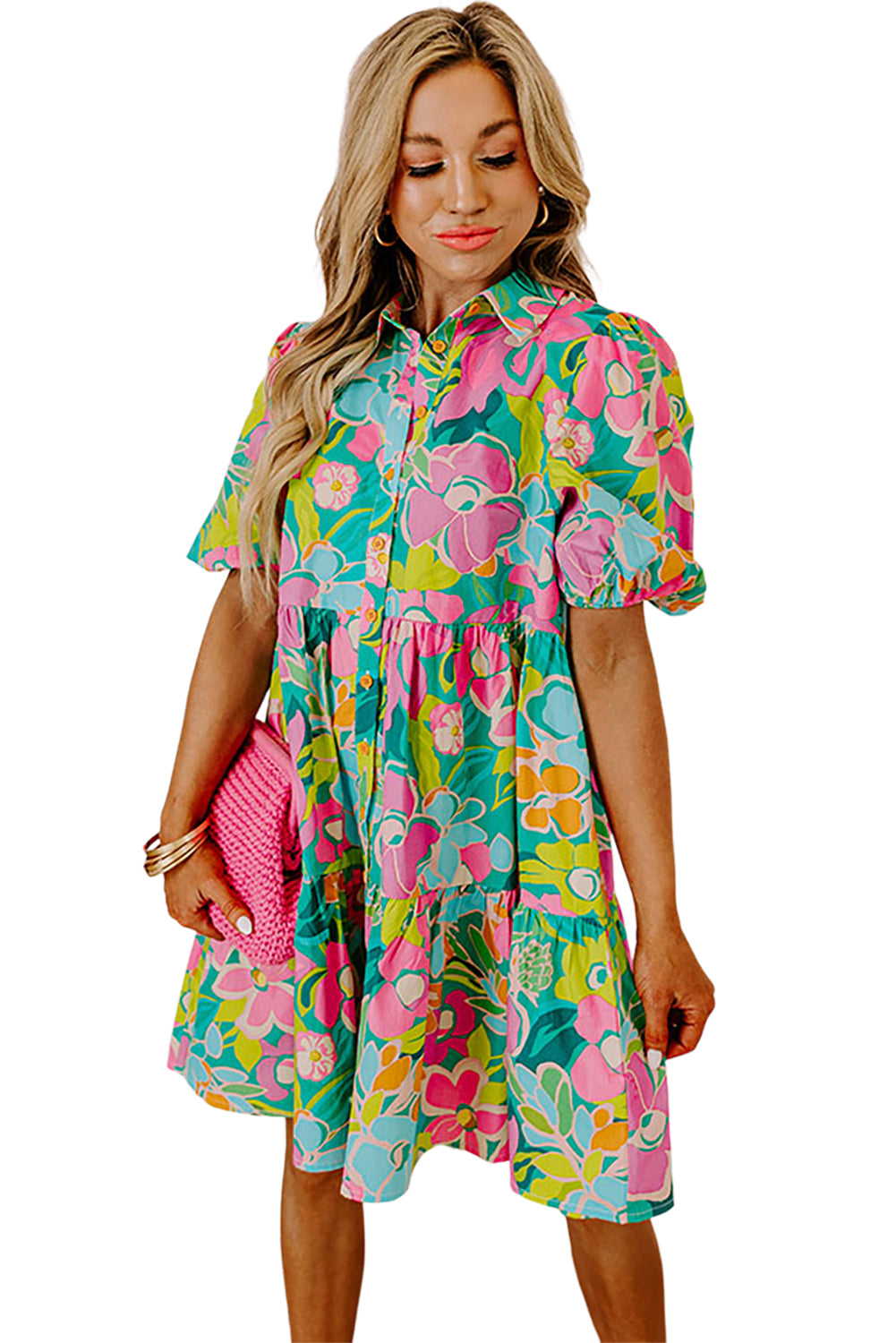 Green Floral Puff Sleeve Buttoned Babydoll Dress - Sluxe Fashions