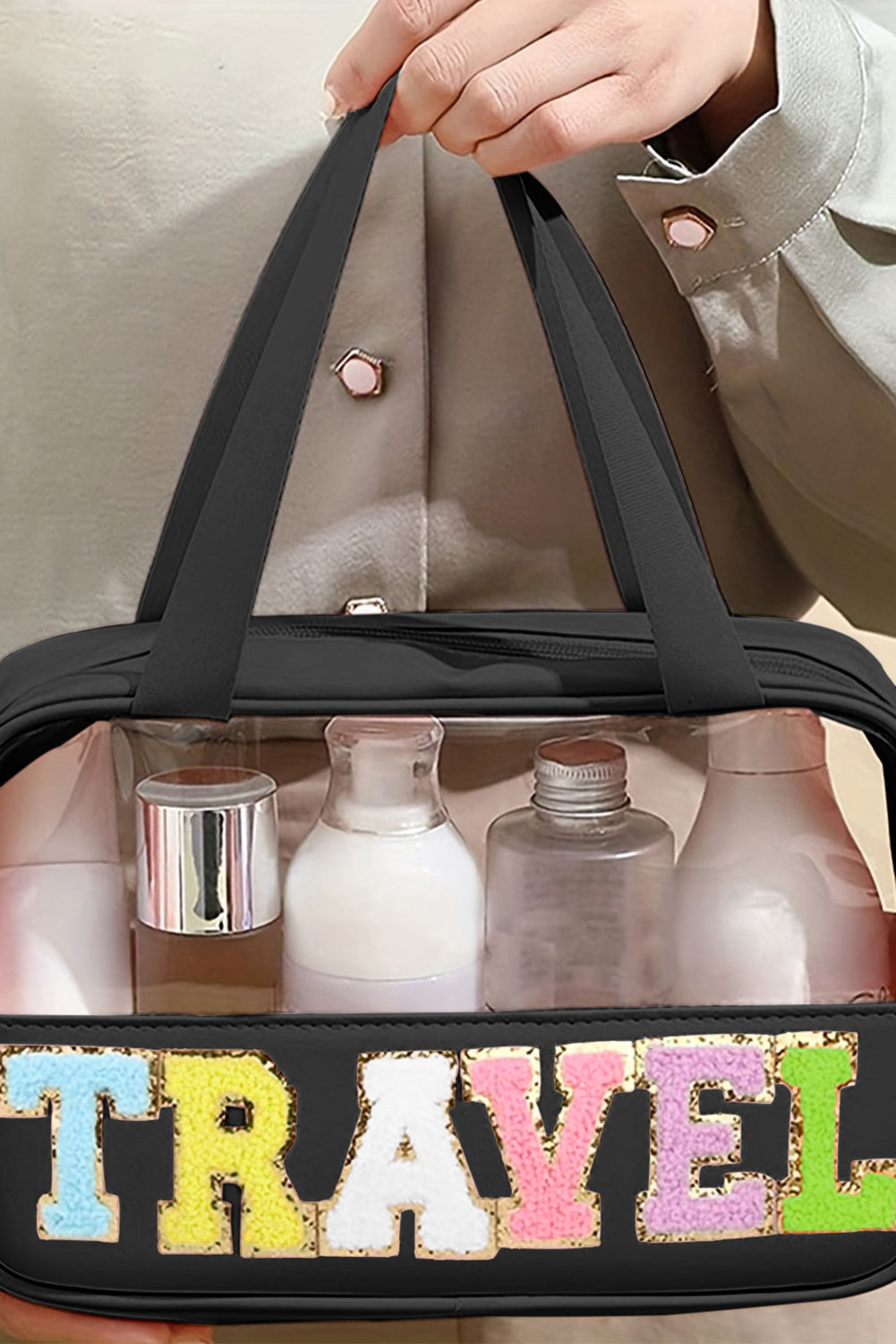 Black TRAVEL Chenille Letter Clear PVC Makeup Bag - Sluxe Fashions