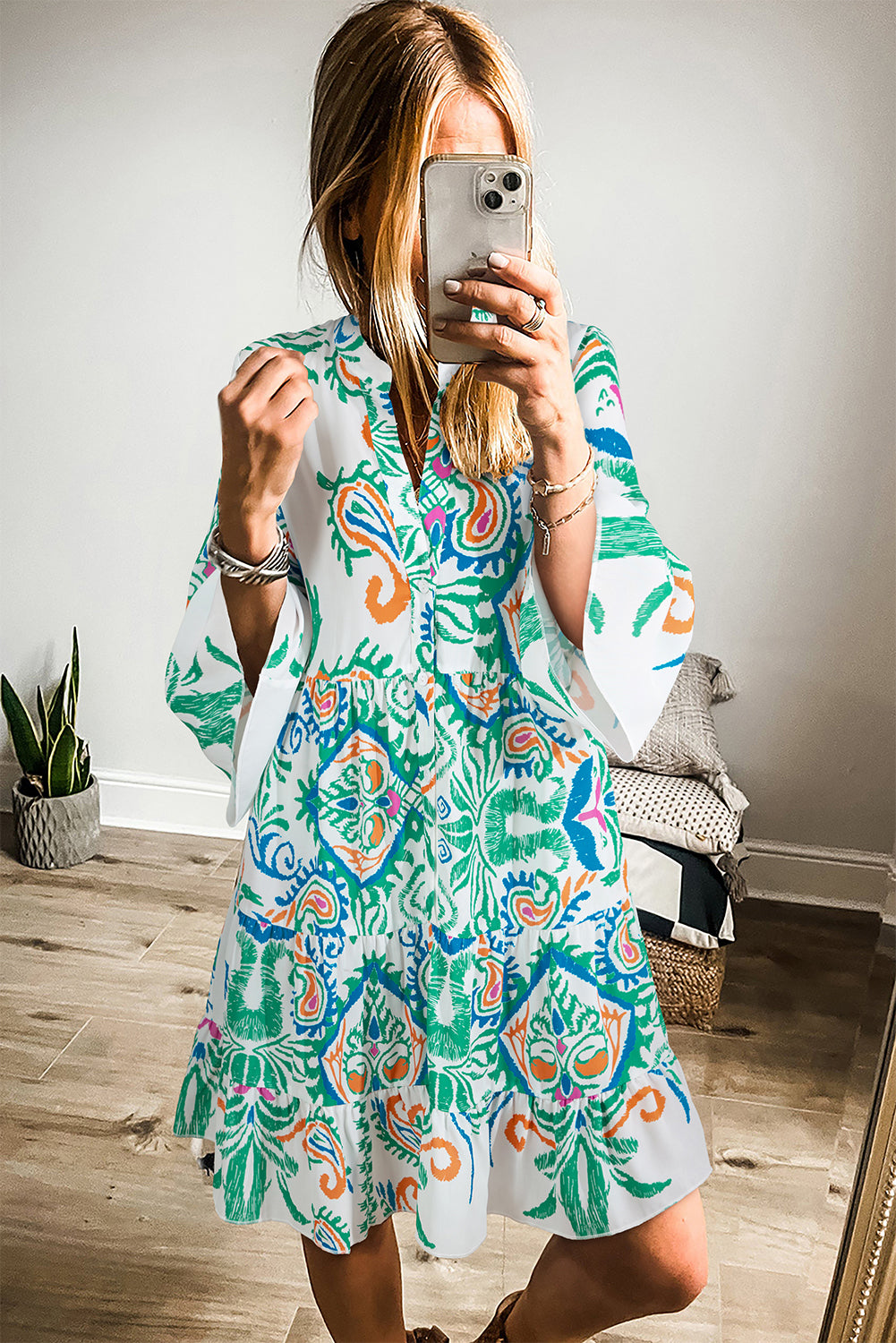 White Ethnic Print Boho Button Tiered Mini Dress - Sluxe Fashions