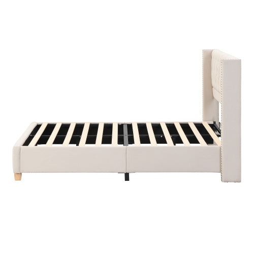 Upholstered Bed,Double Bed-4ft6 135x190cm ,With Slatted Frame And Headboard, Button Upholstery, Rivet Upholstery, Wooden Legs, Linen, Beige