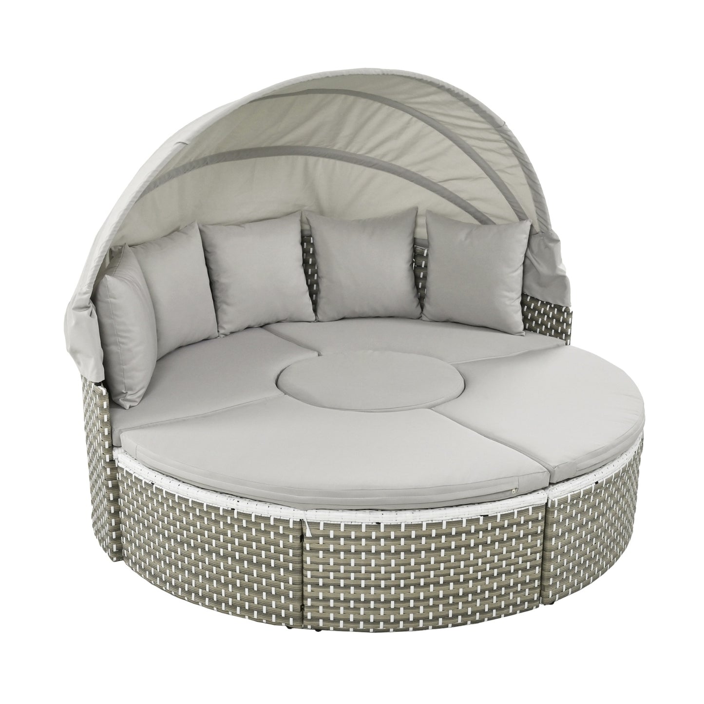 TOPMAX Patio Furniture Round Outdoor Sectional Sofa Set Rattan Daybed Two-Tone Weave Sunbed With Ret - Sluxe Global