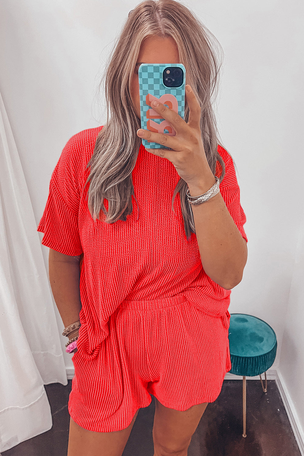 Orange Ribbed Textured Loose Fit Tee & Shorts Set - Sluxe Fashions