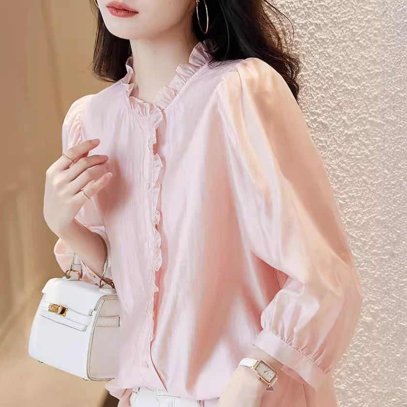 Nine-quarter Sleeve Shirt Women's Puff Sleeve Thin Solid Color Top - Sluxe Global