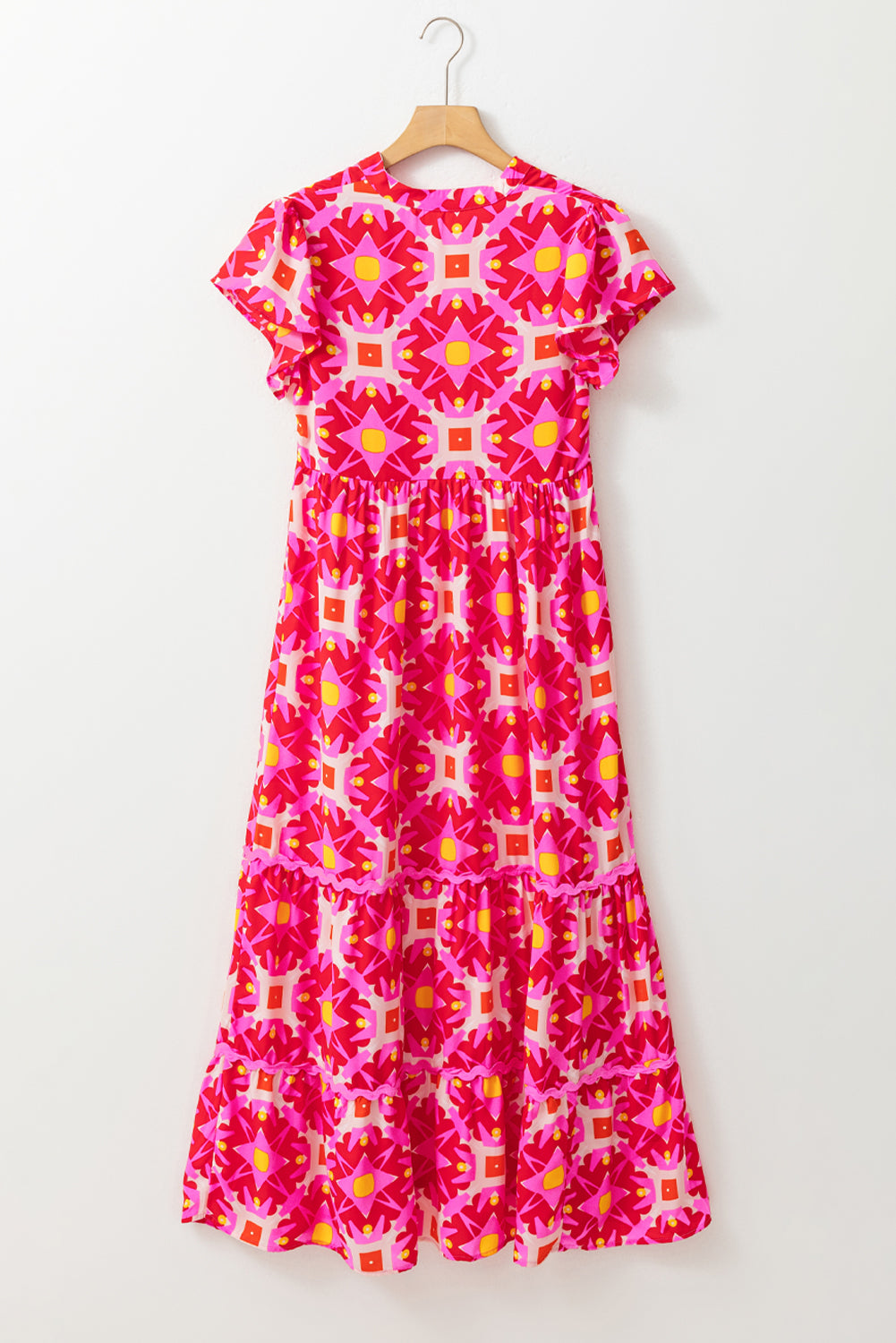 Sea Green Abstract Print Pleated Flounce Sleeve Maxi Dress - Sluxe Fashions