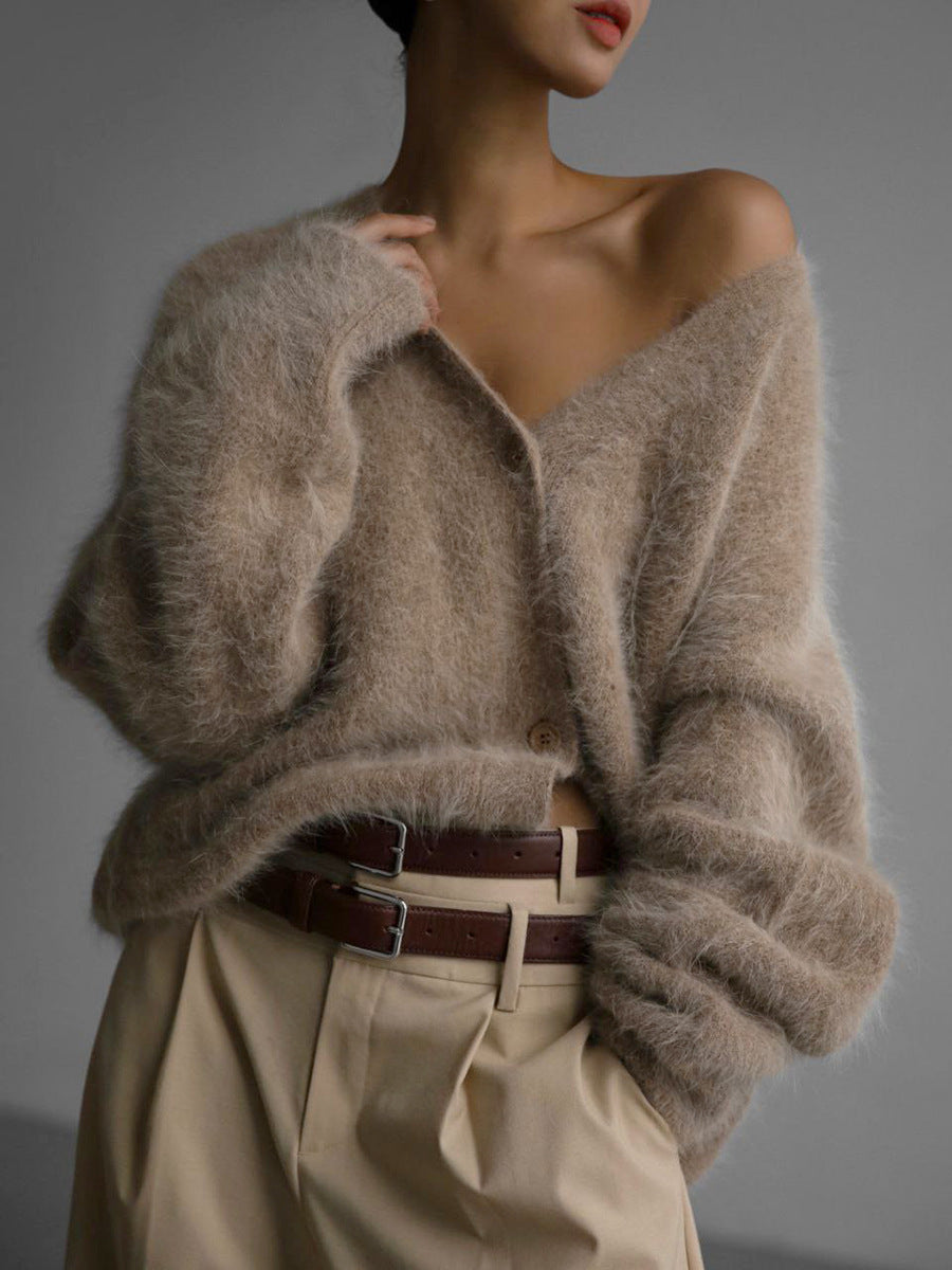 Loose V-neck Button Cardigan Fall Winter Fashion Single Breasted Knitted Sweater Top Women's Clothing - Sluxe Fashions