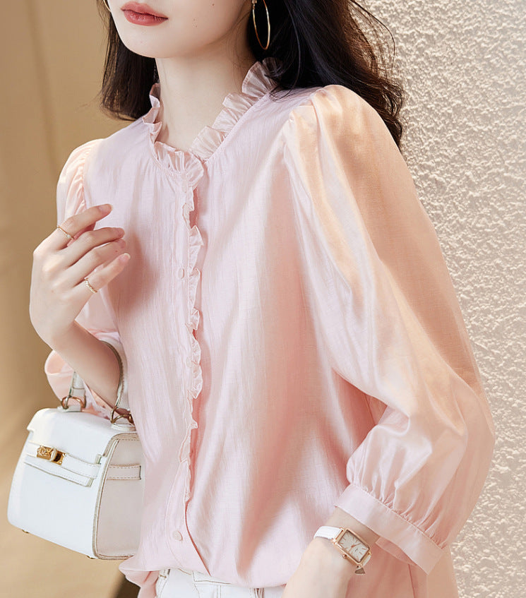 Nine-quarter Sleeve Shirt Women's Puff Sleeve Thin Solid Color Top - Sluxe Global