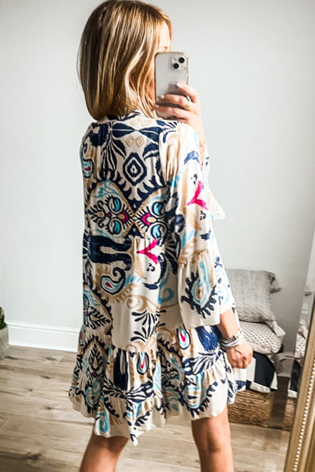 White Ethnic Print Boho Button Tiered Mini Dress - Sluxe Fashions