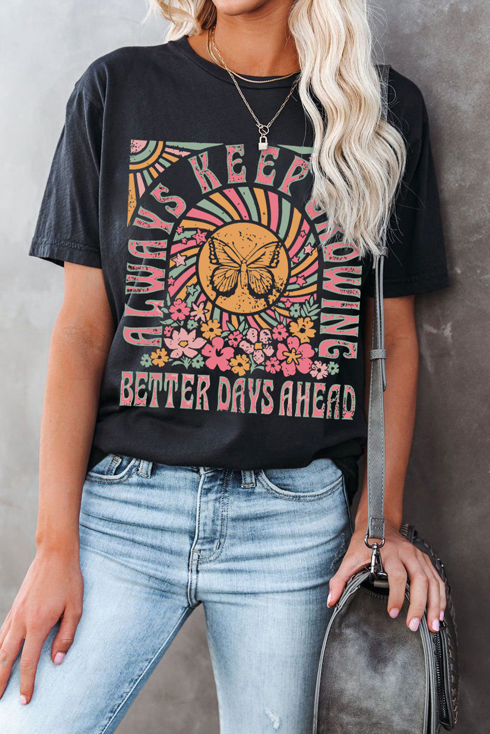 Black Always Keep Growing Butterfly Flower Graphic Tee - Sluxe Fashions